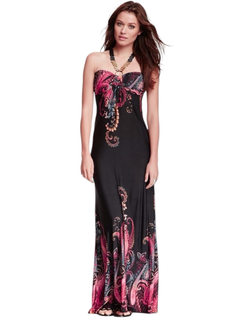 Caroline Morgan Black/Pink/Blue Paisley Beaded Halter Tie Maxi Dress (M/L)